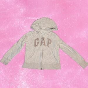 Gap Kids Grey Creme Zip Up Sweater With Pink Metallic Logo
